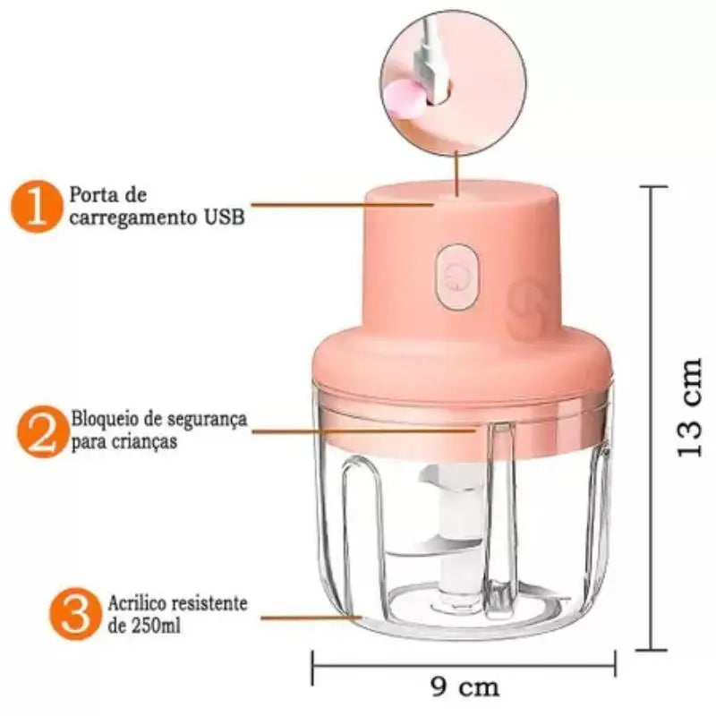 Processador de Alimentos 250ml: Elétrico, Recarregável e Portátil