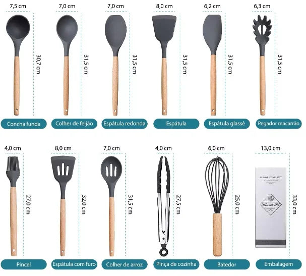 Kit Completo de Utensílios de Cozinha: 12 Peças em Silicone e Cabo de Madeira