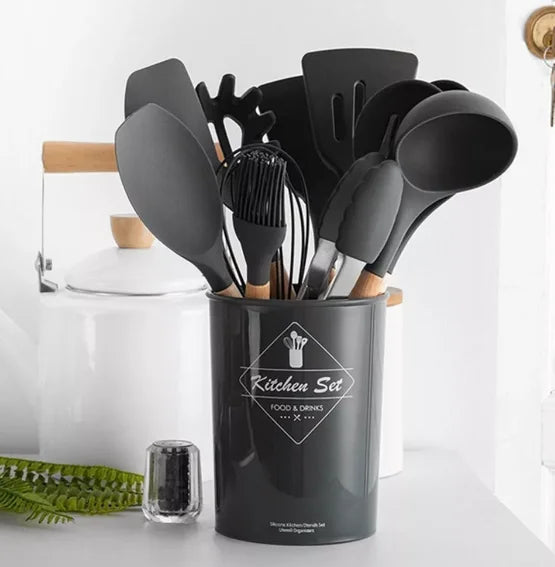 Kit Completo de Utensílios de Cozinha: 12 Peças em Silicone e Cabo de Madeira