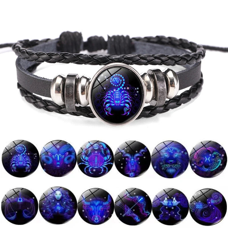 Pulseira Zodiac Sign: Charmosa e Luminosa com Design Vintage em Couro para Homens e Mulheres