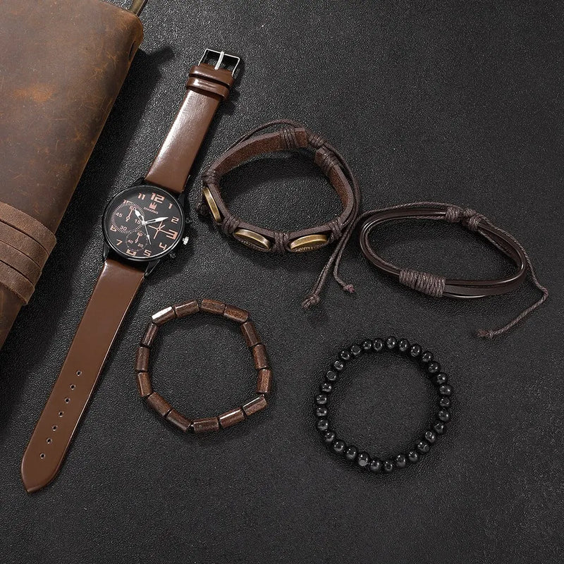 Relógios Masculinos Elegantes: Set de 5 com Design Vintage e Pulseira de Couro